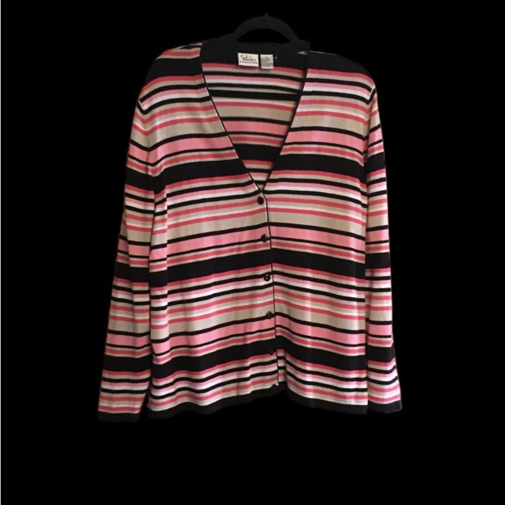 Ladies plus size 1X black and pink striped sweater/cardigan. C J Banks